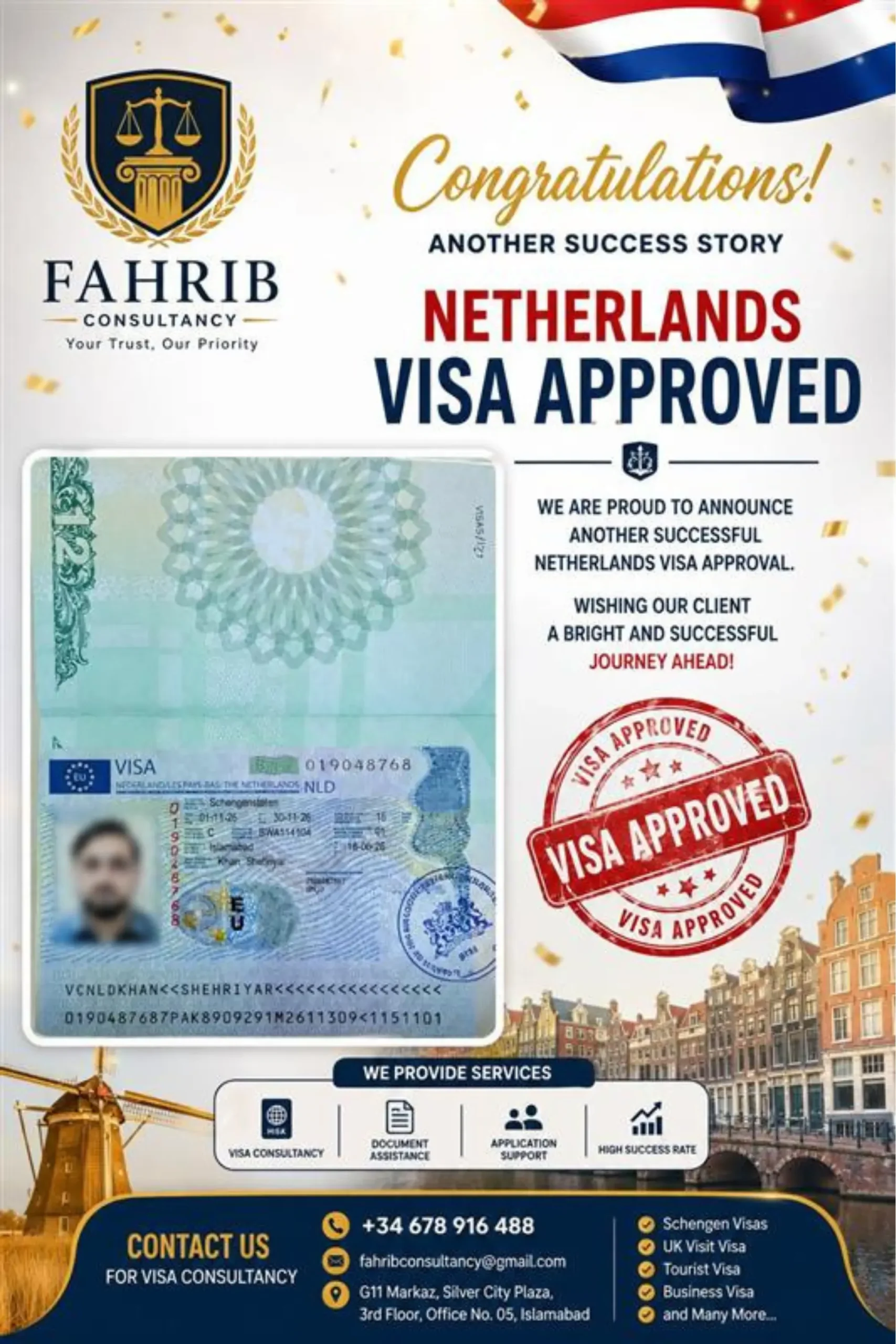 Real Netherlands visa approval success story by Fahrib Consultancy featuring an approved Netherlands Schengen visa.
