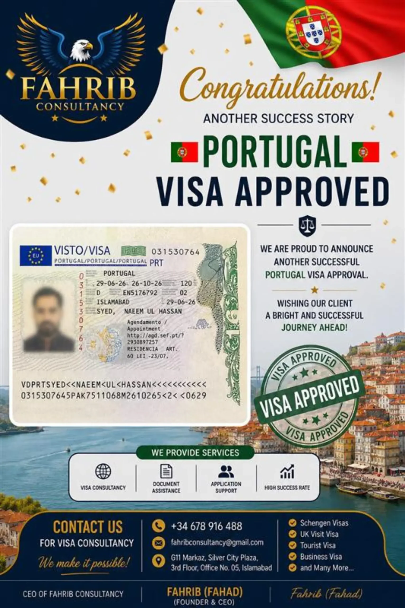 Real Portugal visa approval success story by Fahrib Consultancy featuring an approved Portugal visa.