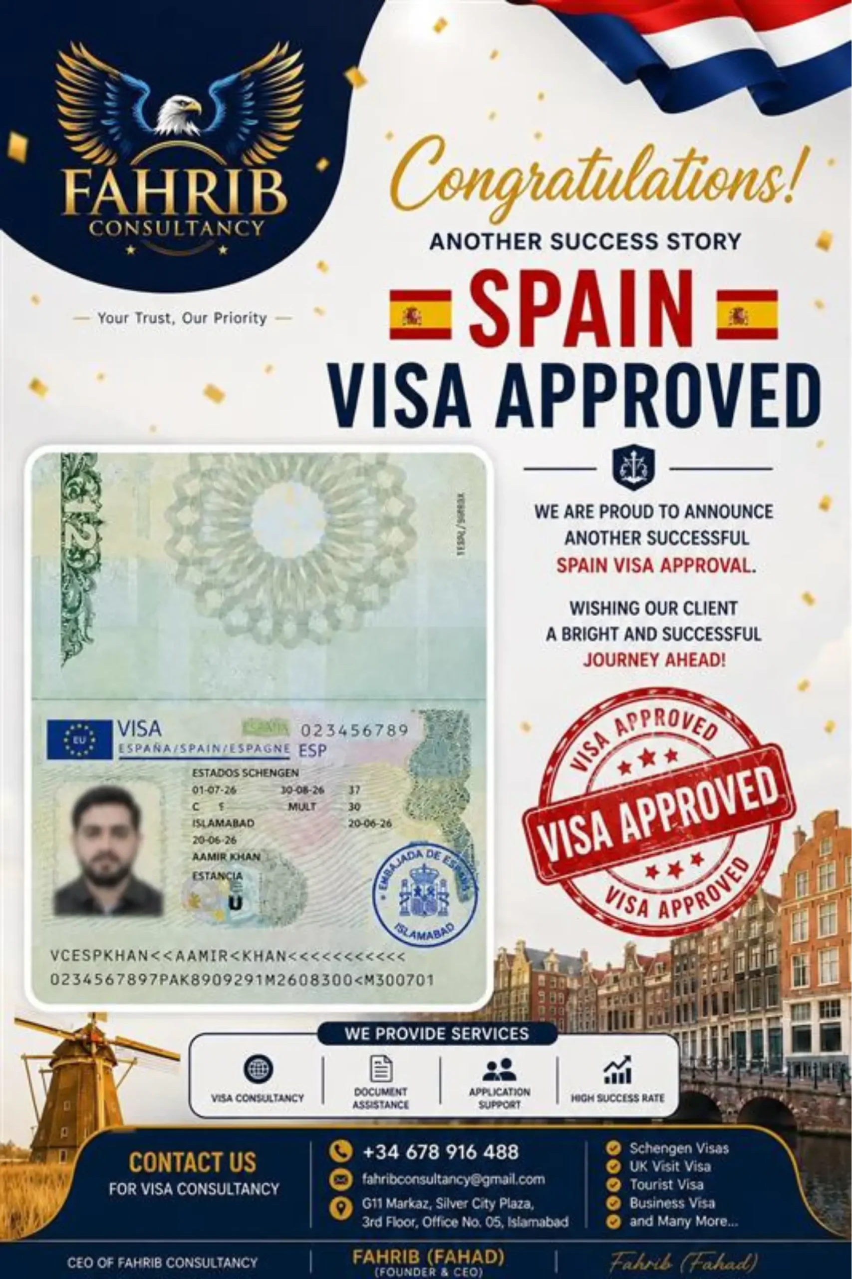Spain Schengen visa approved through Fahrib Consultancy with a real client success story.